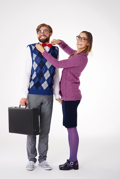 Close up on young couple having fun isolated