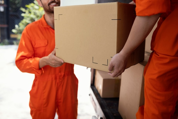 Free photo close up on young delivery men moving objects out of car