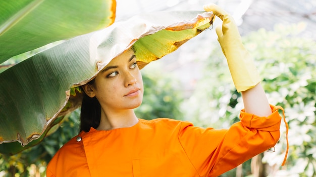 Primo piano di un giovane giardiniere femminile in piedi sotto la foglia di banana
