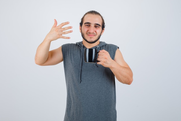 Close up on young man gesturing isolated