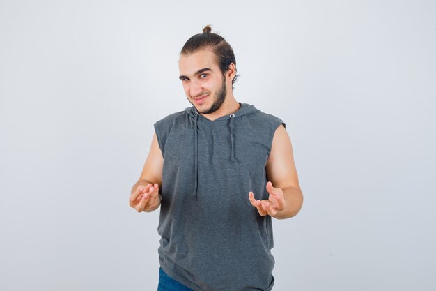 Close up on young man gesturing isolated