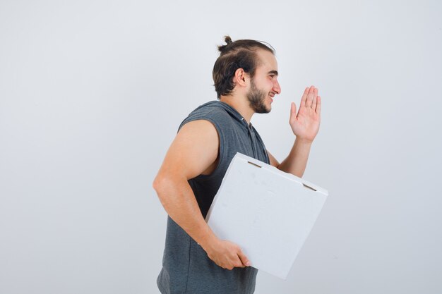 Close up on young man gesturing isolated