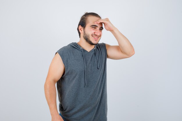 Close up on young man gesturing isolated