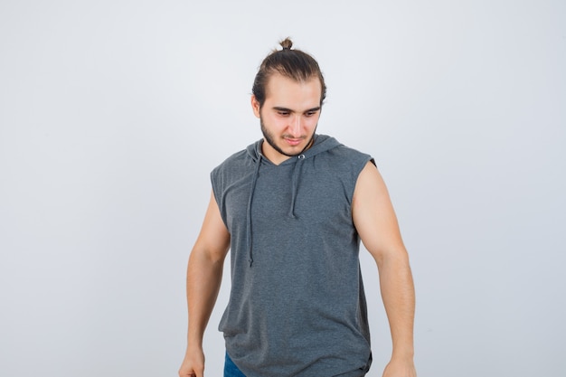 Close up on young man gesturing isolated