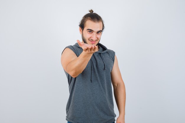 Close up on young man gesturing isolated