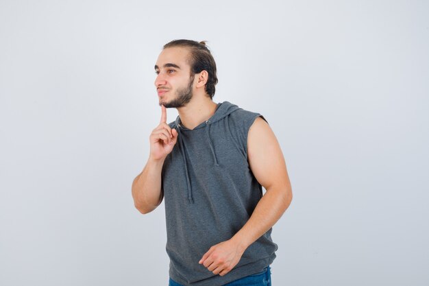 Close up on young man gesturing isolated