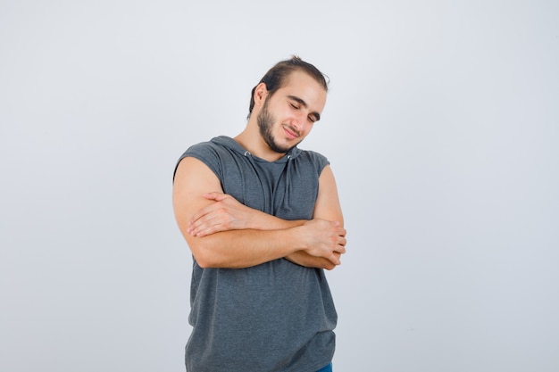 Close up on young man gesturing isolated