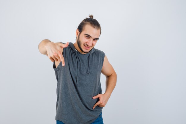 Close up on young man gesturing isolated