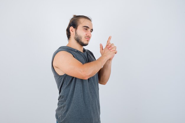 Close up on young man gesturing isolated