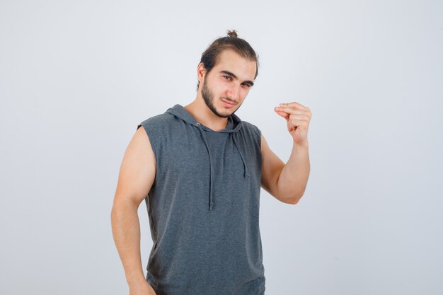 Close up on young man gesturing isolated