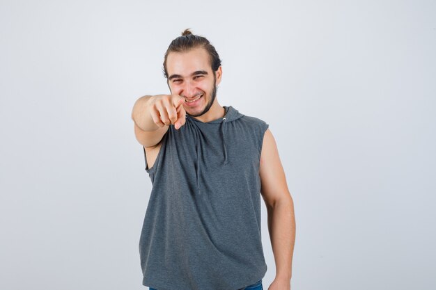 Close up on young man gesturing isolated