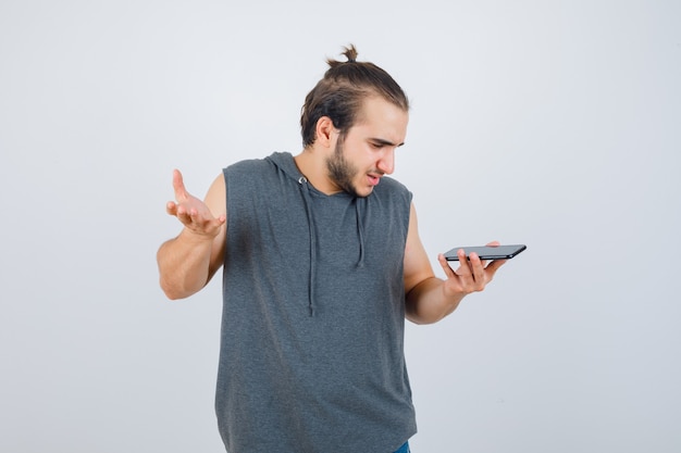 Close up on young man gesturing isolated