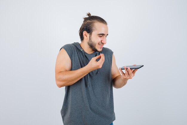 Close up on young man gesturing isolated