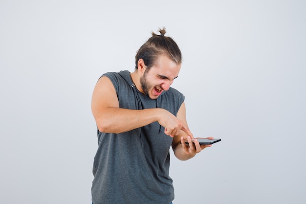 Close up on young man gesturing isolated