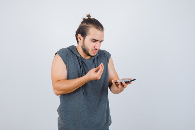 Close up on young man gesturing isolated