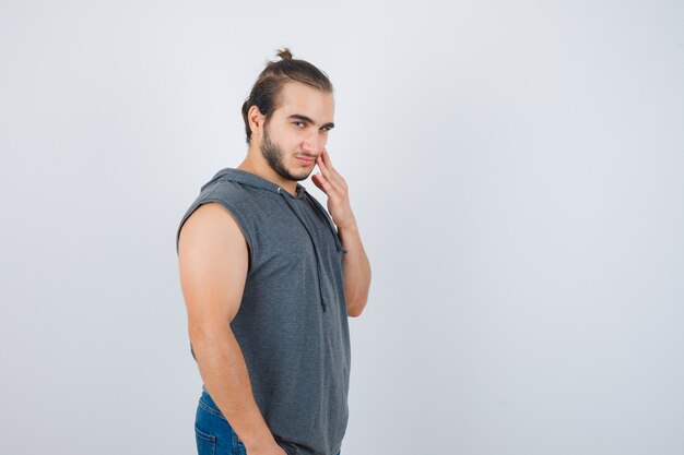 Close up on young man gesturing isolated