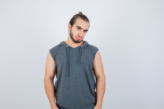 Close up on young man gesturing isolated