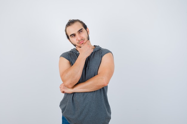 Close up on young man gesturing isolated