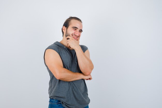 Close up on young man gesturing isolated