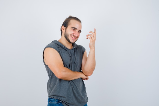 Close up on young man gesturing isolated