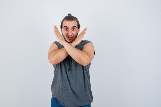 Close up on young man gesturing isolated