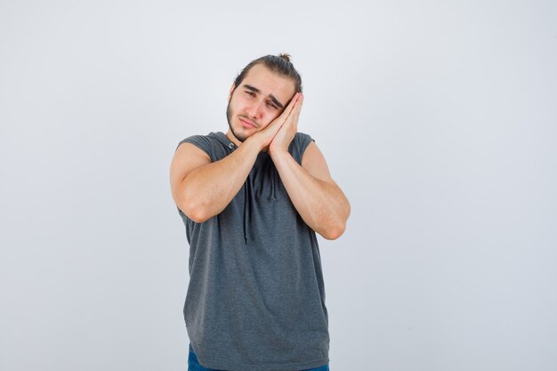 Close up on young man gesturing isolated