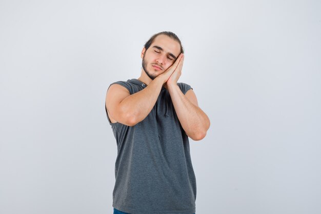 Close up on young man gesturing isolated