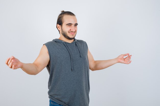 Close up on young man gesturing isolated