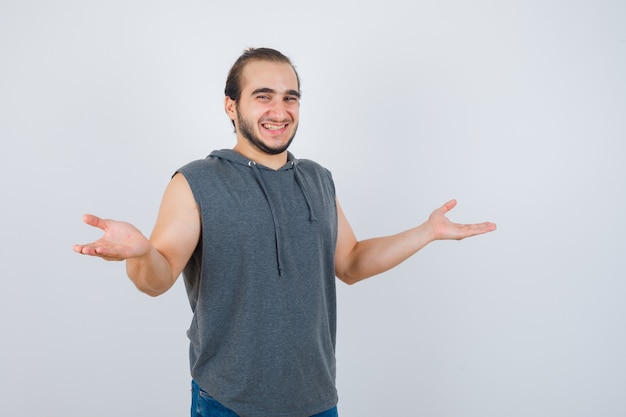 Close up on young man gesturing isolated