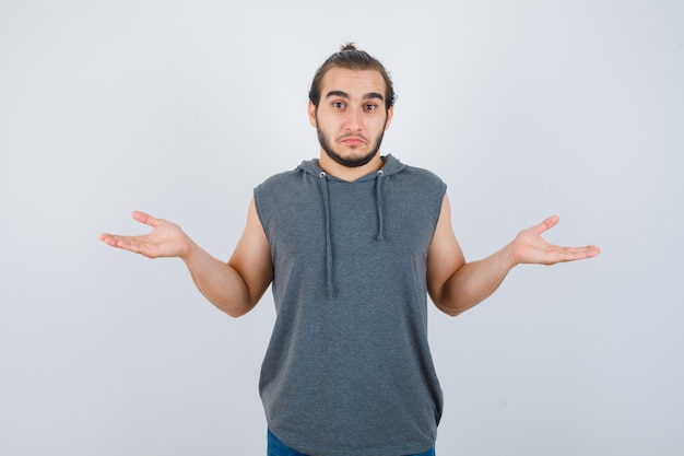 Close up on young man gesturing isolated