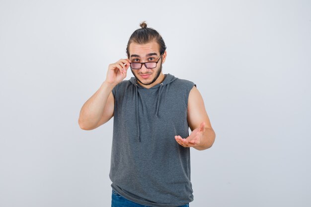 Close up on young man gesturing isolated