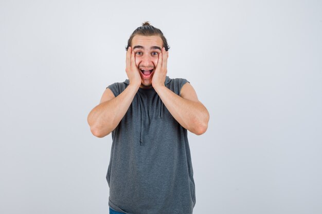 Close up on young man gesturing isolated