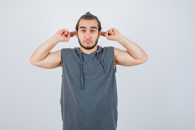 Close up on young man gesturing isolated