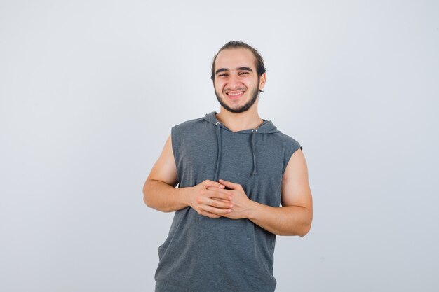 Close up on young man gesturing isolated