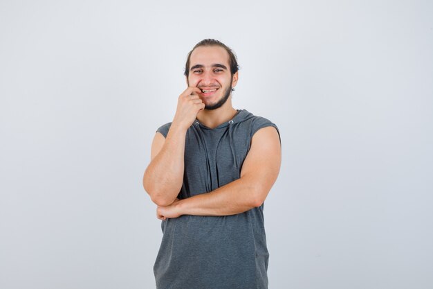 Close up on young man gesturing isolated