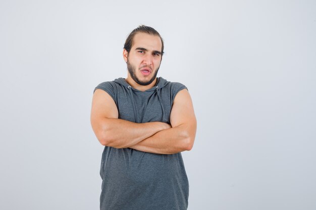 Close up on young man gesturing isolated