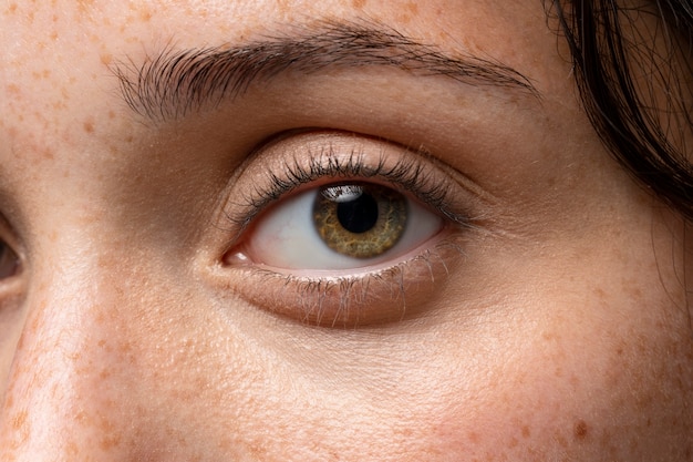 Free photo close up young woman skin texture with freckles