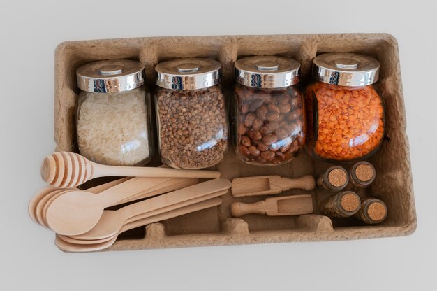 Close up on zero waste food containers