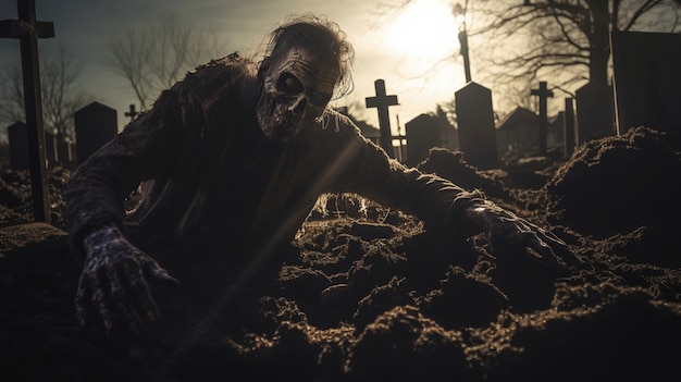 Foto gratuita primo piano di uno zombie che esce dal cimitero