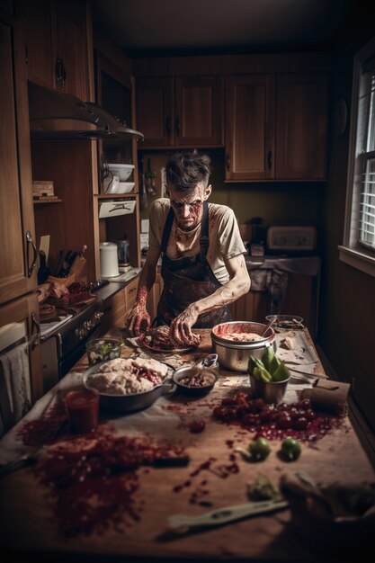 Close up on zombie cooking