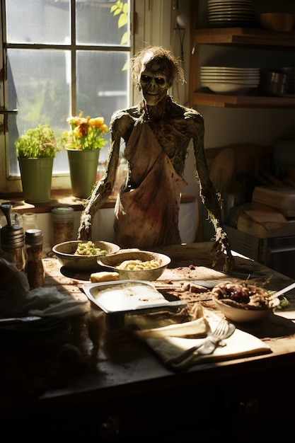 Close up on zombie cooking