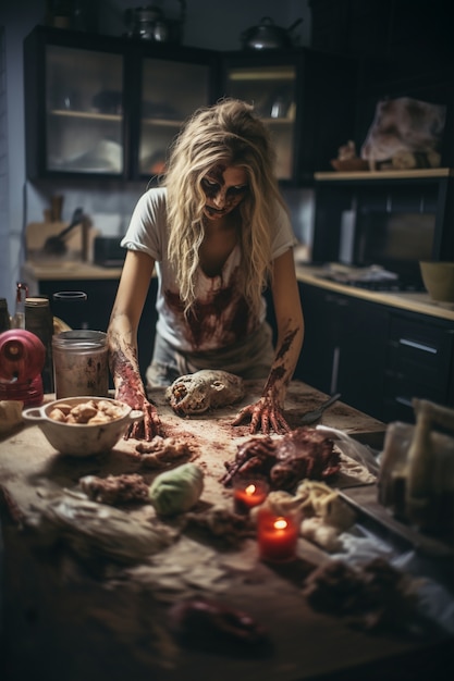 Foto gratuita primo piano sulla cucina degli zombie