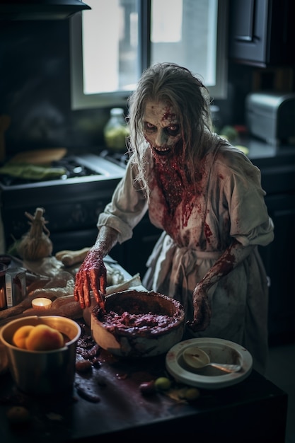 Foto gratuita primo piano sulla cucina degli zombie