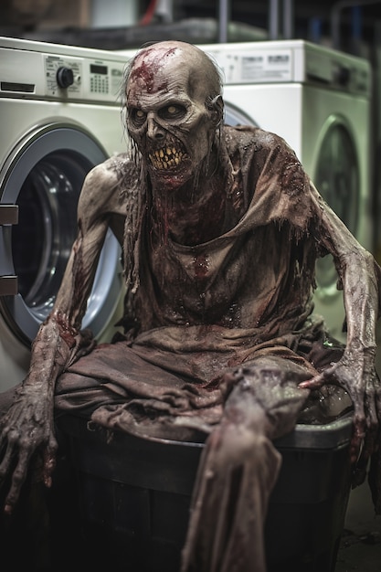 Free photo close up on zombie doing laundry