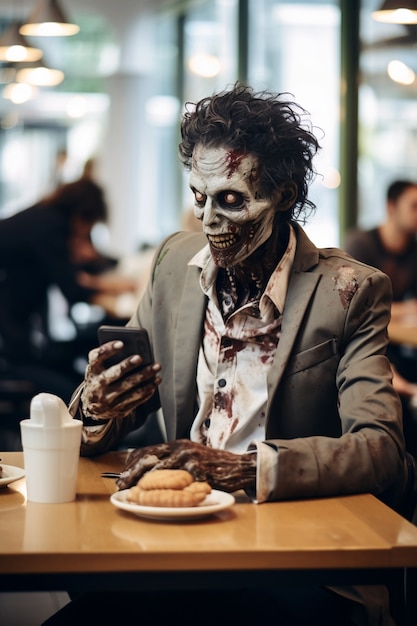 Free photo close up on zombie having dinner