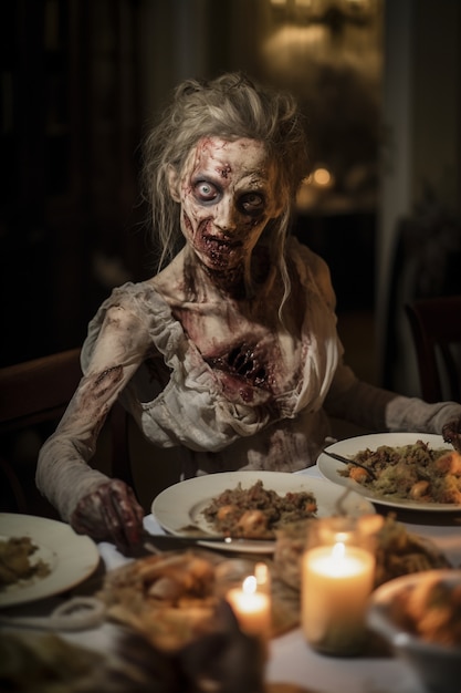 Free photo close up on zombie having dinner