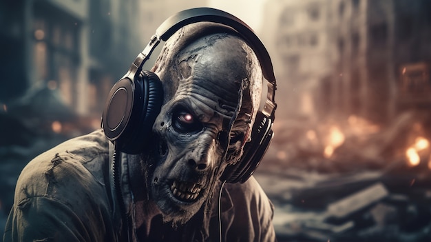 Close up on zombie listening to music