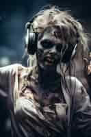 Free photo close up on zombie listening to music