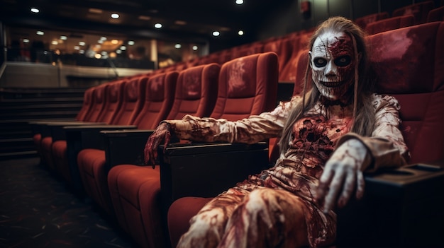 Close up on zombie in movie theater