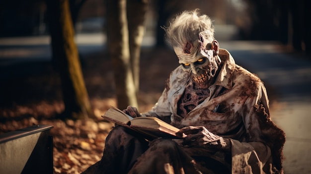 Free photo close up on zombie reading book